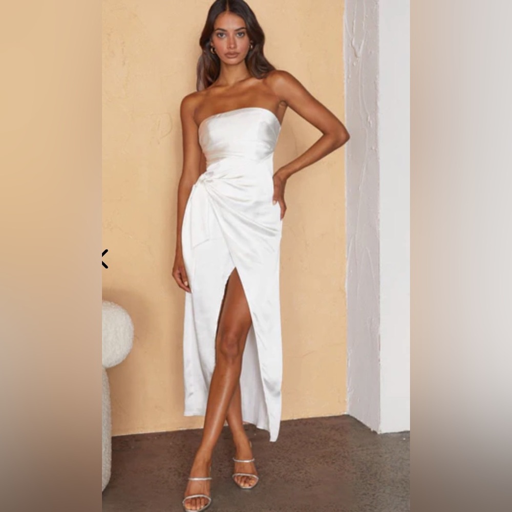 White satin tie waist midi dress